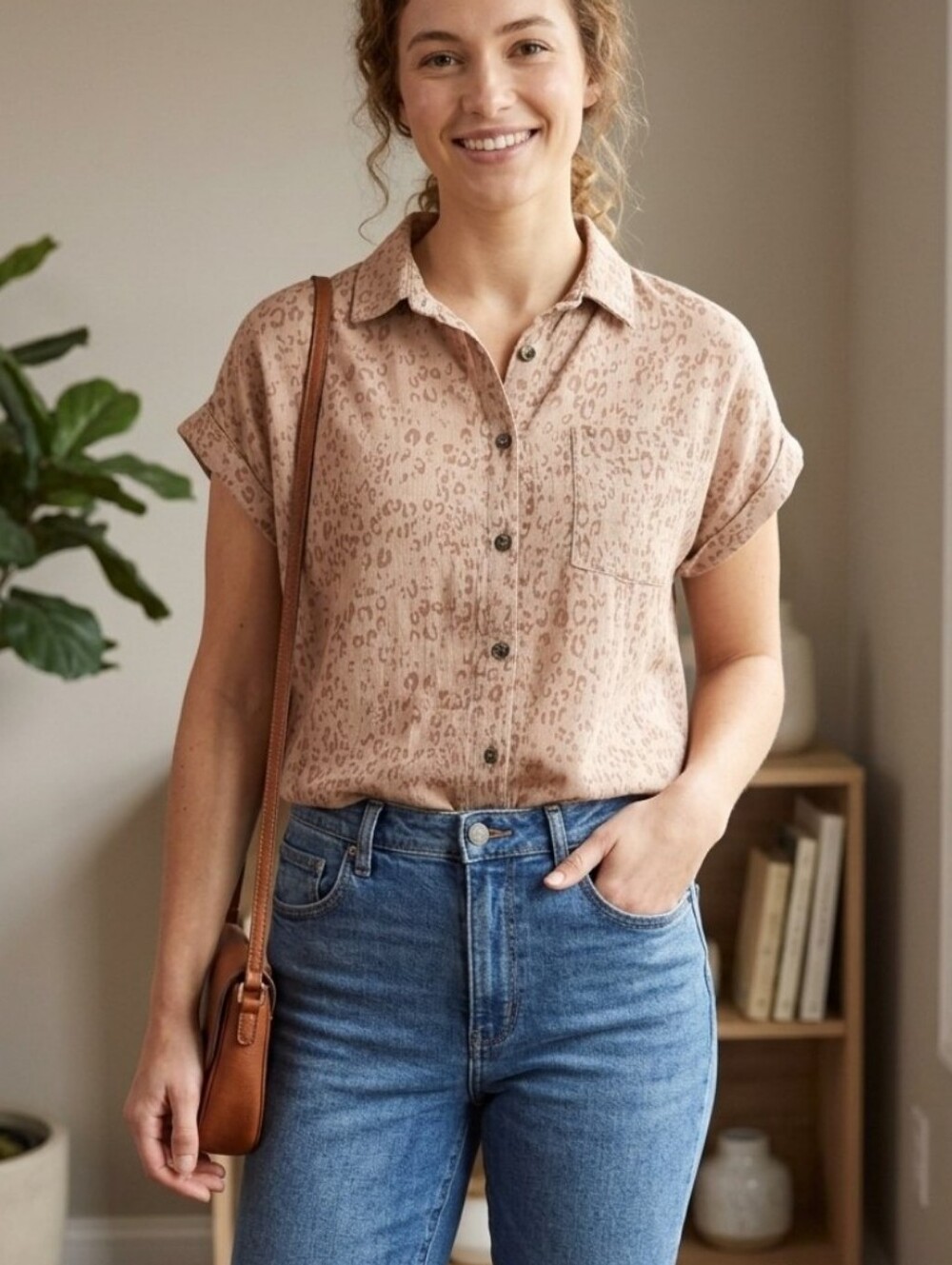 Pink Rose Tan Animal Print Button Up Short Sleeced Blouse, Medium